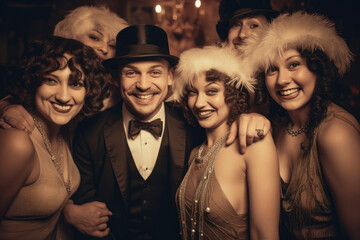 1920s Happy Group Portrait. A joyful group of flapper girls and dapper gentlemen posing at a jazz...