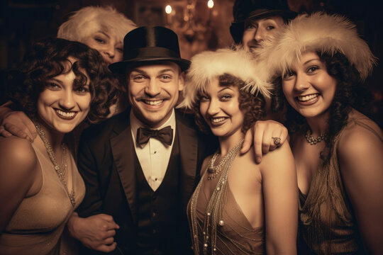 1920s Happy Group Portrait. A joyful group of flapper girls and dapper gentlemen posing at a jazz age speakeasy, exuding the carefree spirit of the Roaring Twenties. Vintage camera, sepia Tone.