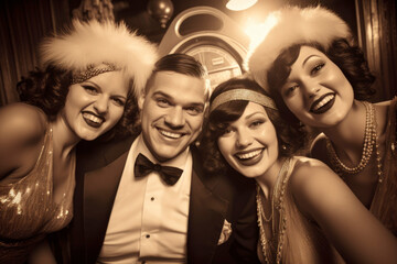 1920s Happy Group Portrait. A joyful group of flapper girls and dapper gentlemen posing at a jazz age speakeasy, exuding the carefree spirit of the Roaring Twenties. Vintage camera, sepia Tone. - obrazy, fototapety, plakaty