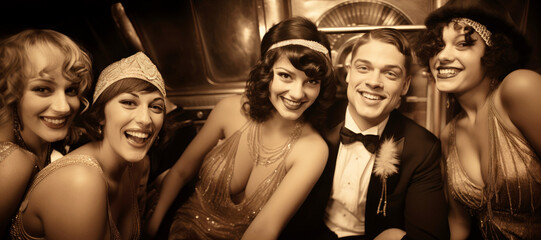 1920s Happy Group Portrait. A joyful group of flapper girls and dapper gentlemen posing at a jazz age speakeasy, exuding the carefree spirit of the Roaring Twenties. Vintage camera, sepia Tone.