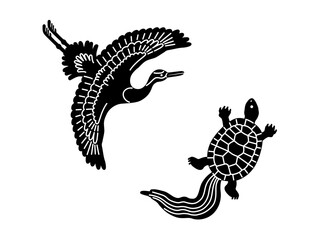 鶴と亀の和風イラスト（黒）