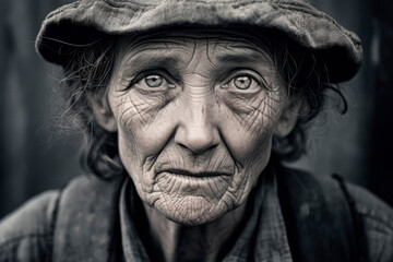 Resilient Wrinkles. A Close-Up Portrait of a 1930s Working-Class Woman, Her Wrinkles Tell a Story of Strength and Determination.  - obrazy, fototapety, plakaty