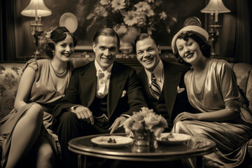 1930s Happy Group Portrait. A family gathering in their Art Deco - style living room, dressed in stylish 1930s attire, sharing laughter and smiles during the Great Depression era.