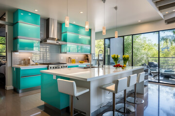 Step into a modern kitchen adorned with turquoise color tones, sleek countertops, and stylish cabinets, exuding elegance and tranquility in a serene oasis with clean lines, charming details
