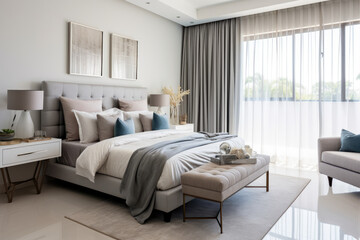 Harmonious Haven: A Serene and Sophisticated Bedroom Interior with Subtle Silver Tones, Exuding Elegant Luxury and Modern Tranquility.