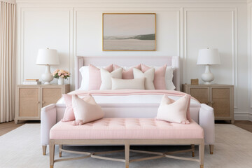 Creating a harmonious and serene ambiance, this elegant bedroom interior immerses in a delicate blush pink color scheme, offering comfort, relaxation, and a cozy atmosphere with soothing accents