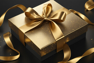 Elegant present box with a golden bow on a dark background. Generative Ai