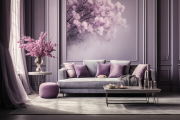 Creating a harmonious blend of purple and gray, this luxurious living room exudes serene tranquility with its elegant decor, stylish furniture, cozy accents, and abundant natural light.