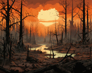 Wildfire Devastation: Illustration of a Burnt Forest