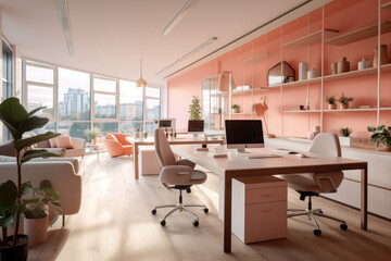 Inside an enchanting office with vibrantly coordinated furniture and luminous lighting, experience a serene haven of salmon hues that exudes elegance, relaxation, and inspiring design.