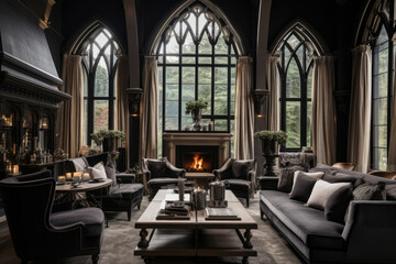 Fototapeta na wymiar Immerse in the hauntingly beautiful allure of Gothic elegance as a captivating living room interior, adorned with ornate furniture, intricate details, and dramatic lighting