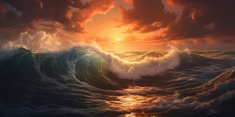 Sunset over a roiling wave filled sea or ocean. Illustration style. Generative AI.
 - obrazy, fototapety, plakaty