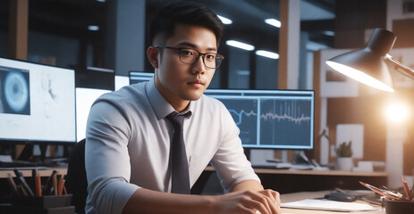 Young Asian man working late at night in office, analyzing financial charts on computer screen.