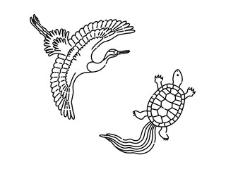 鶴と亀の和風イラスト（線画）