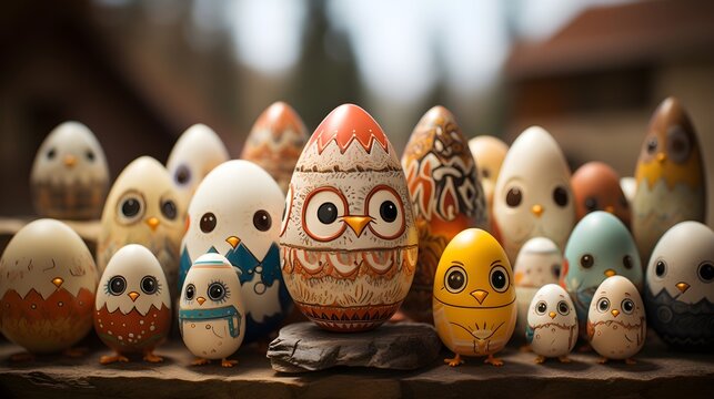Vibrant Easter eggs adorned with intricate owl face illustrations, merging tradition with creativity