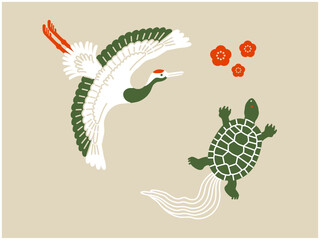 鶴と亀の和風イラスト（カラー）