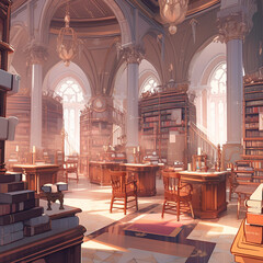 Fototapeta na wymiar A fantasy library anime illustration. A beautiful view of library in anime style. An illustration of beautiful fantasy library generated by Ai Image. 