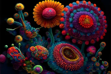 Fotobehang Happy very colorful flowers filled with red wigglers decomposing fungi bacteria amoebe flagelates ciliates sacred geometry psychedelic DMT ultra detailed  © Daisy