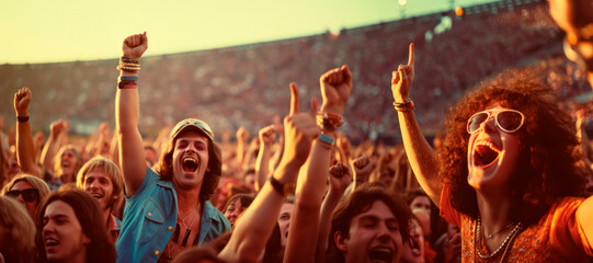 Nostalgic Rock Revival. A 1970s Classic Rock Concert, Energetic Crowd, and Summer Festival Vibes....