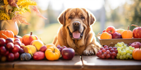 Fox red labrador retriever dog with apples and grapes, fall harvest table, autumn season
