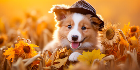 Dog in a fall field with sunflowers, autumn harvest season, wide