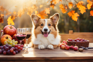Corgi dog with wine glasses, grapes and fruit, fall harvest table, autumn season, Thanksgiving