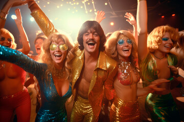 1970s Disco Dancing. A group of friends grooving to the funky beats at a discotheque, wearing flashy disco attire, and dancing under glittering disco balls during the disco era of the 1970s - obrazy, fototapety, plakaty