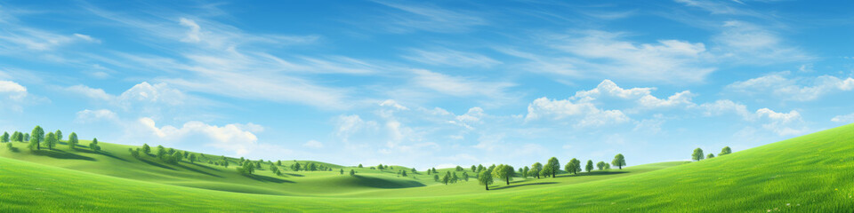 Fototapeta premium Green grass trees blue sky wide background