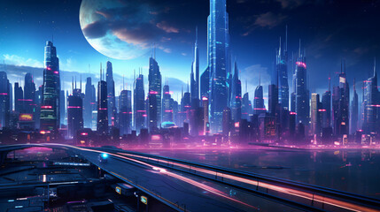 Cityscape set in a futuristic cyberpunk world