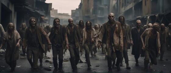 a group of zombies attacked the city. Zombies roam the abandoned city streets - obrazy, fototapety, plakaty
