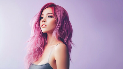 Portrait of beautiful young woman with purple hair, purple pink background, professional photography, generative ai.