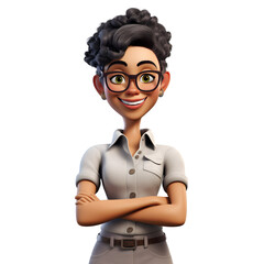 3D cartoon character smiling young businesswoman posing standing with arms crossed, isolated on white and transparent background, ai generate