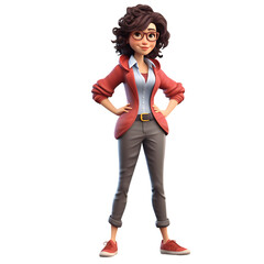 3D cartoon character smiling young businesswoman posing standing with arms crossed, full body isolated on white and transparent background, ai generate