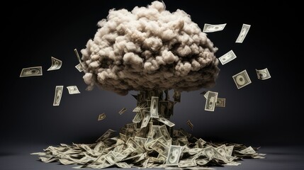 explosion and mushroom cloud made from cash money. Concept to show market crash. generative AI