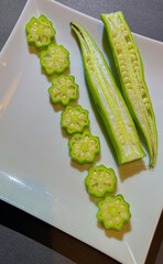 Okra, quimbombó, or Lady Fingers. Fresh and green vegetable, Organic vegetables, Asian cuisine ingredients.
