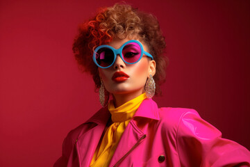 Retro Vibrant '80s Style: Woman Model Channels the Era's Bold Fashion Trends. Colorful background with copy space