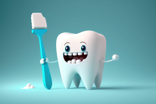 3D realistic happy white tooth , Tooth cartoon characters with thumbs up and brush on bright background , Cleaning and whitening teeth concept, generative AI	
