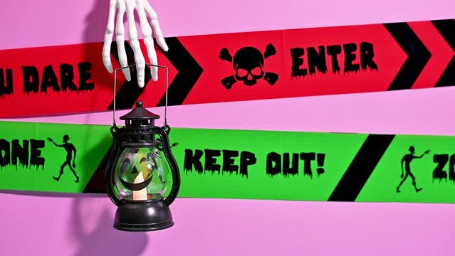 Haunted Pastel Halloween Vibe: Skeleton Hand holding Lantern over warning Tapes