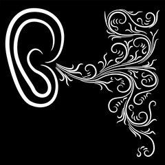 Human ear and abstract swirls. Sound and hearing. Black and white silhouette.