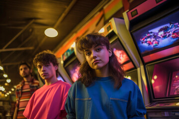 Capturing Youthful Joy: 1980s Teenagers Strike a Pose at a Classic Game Arcade for an Iconic Group Portrait
 - obrazy, fototapety, plakaty
