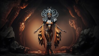 full body realistic highly detailed an alien drag queen in an TIGER LILY inspired drag outfit with beautiful high heels performing in a mine on an alien planet dramatic lighting 16k 