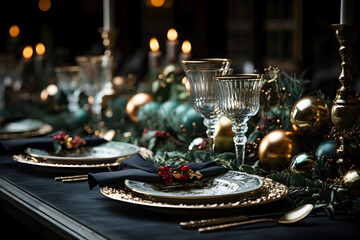 Enchanting Christmas Feast: A close shot capturing the enchanting allure of a Christmas table setting adorned with shimmering silverware, whimsical garlands, & natural evergreen decor against a table. - obrazy, fototapety, plakaty