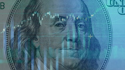 Closeup Benjamin Franklin face on USD banknote with Stock trading with the US dollar, dollar...