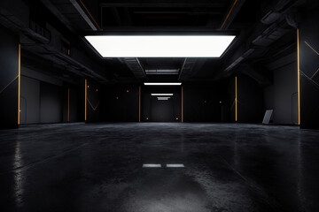 Spaceship corridor. Futuristic tunnel with light, interior view. Future background, business, sci-fi or science concept. 3d rendering - obrazy, fototapety, plakaty