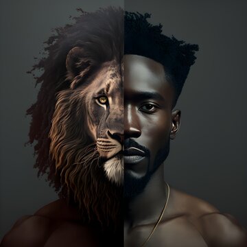 Black man half lion split screen 