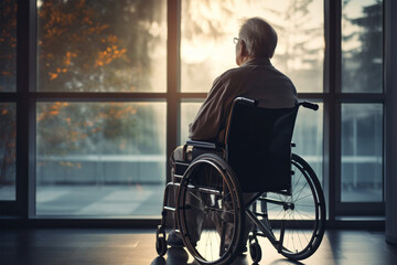 old man sitting in a wheelchair - obrazy, fototapety, plakaty