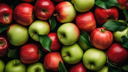 Red and green apples background. Harvest autumn season. Top view