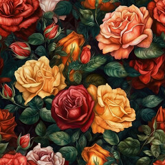 Realistic rose flowers seamless pattern with a bold and vibrant colors created with Generative AI Technology