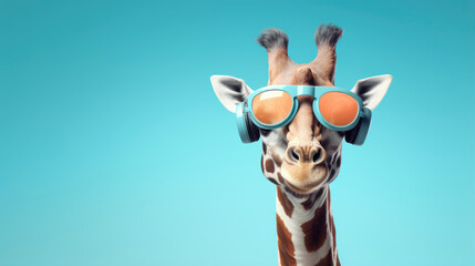 A laid-back giraffe wearing sunglasses and earbuds,  swaying tall