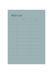 Wish List planner (Green) Minimalist planner template set. Vector illustration.	